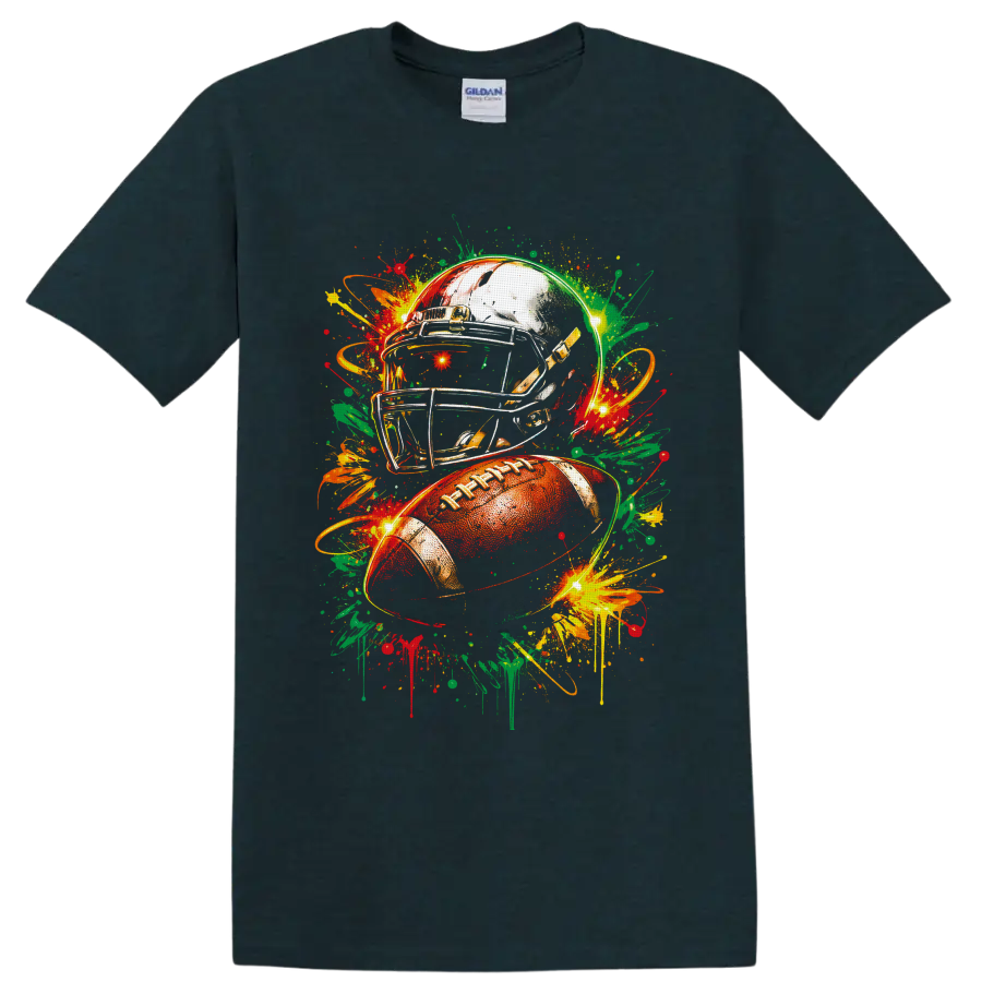 Football helmet and ball with vibrant graffiti-style paint splashes on a Midnight (Green) T Shirt