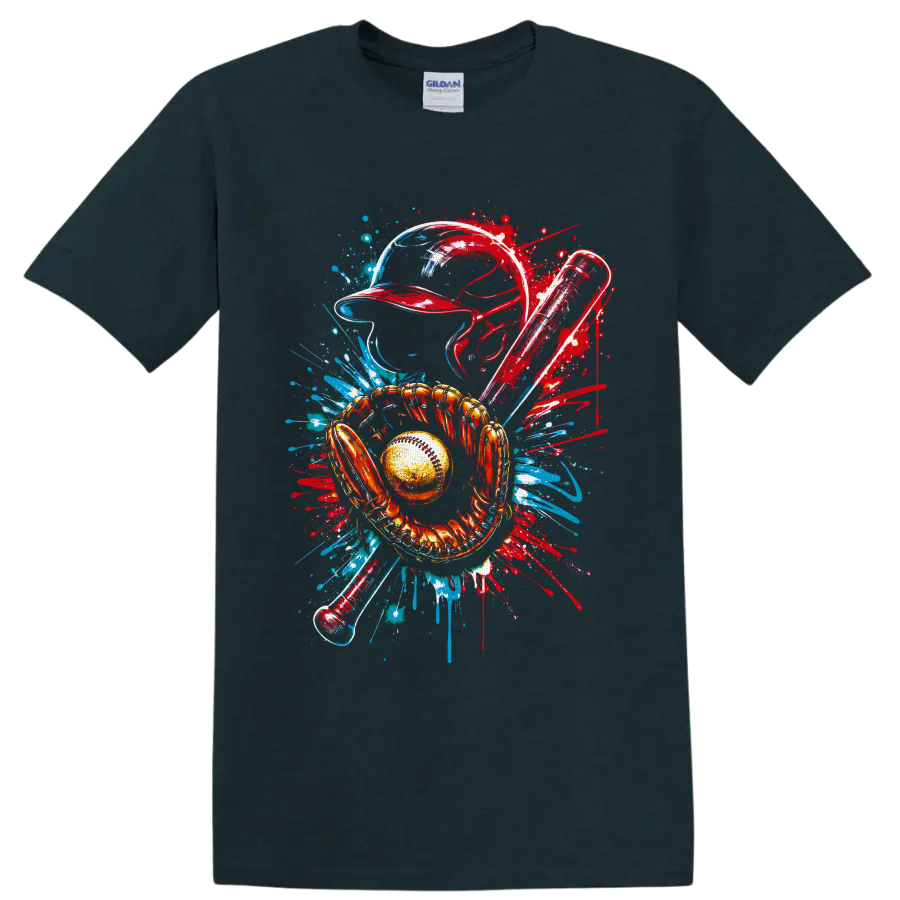 Baseball catcher helmet, mitt, ball and bats in red and blue graffiti splash art on a Midnight (Green) T Shirt