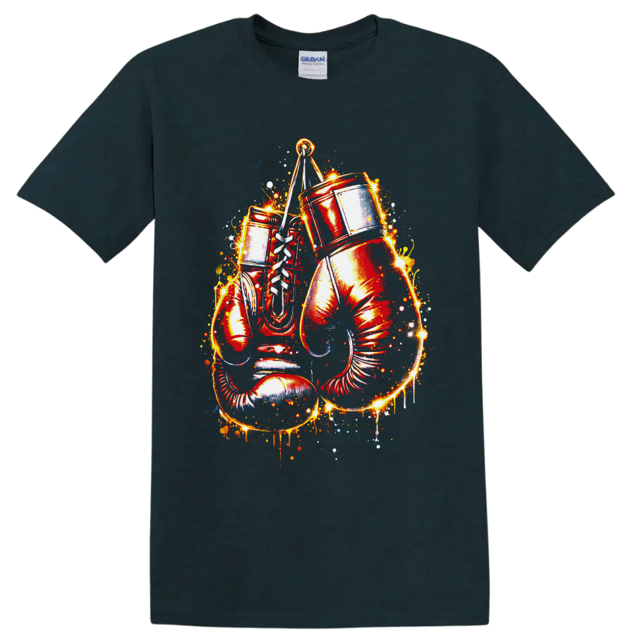 Fiery drum set with cymbal, drumsticks, sparks, and paint splatter graphic on a Midnight (Green) T Shirt