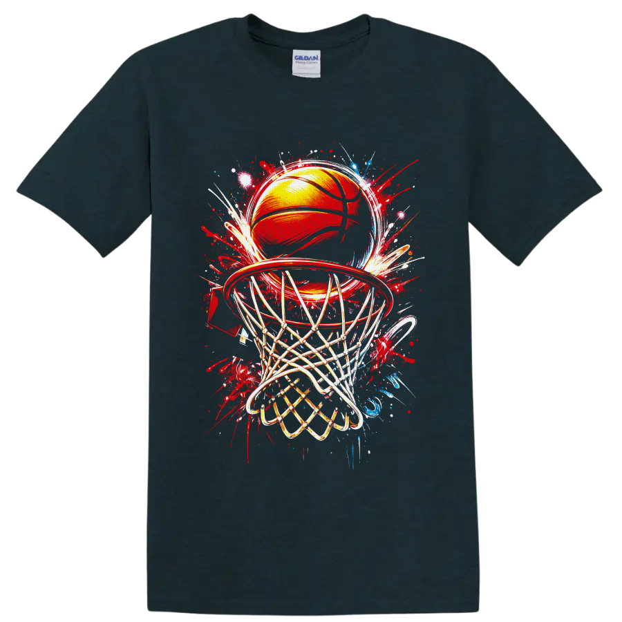 Basketball hoop and ball with net in colorful graffiti splash art on a Midnight (Green) T Shirt