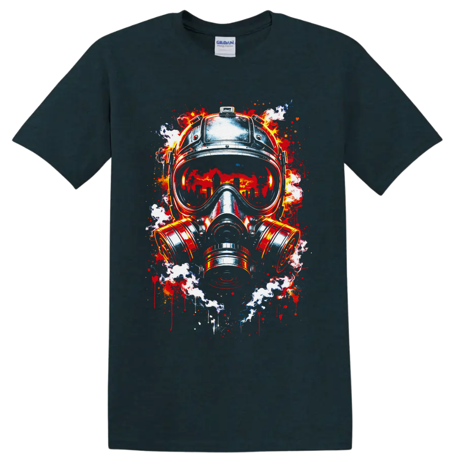 Dystopian gas mask illustration with burning city skyline, flames, smoke, and paint on a Midnight (Green) T Shirt