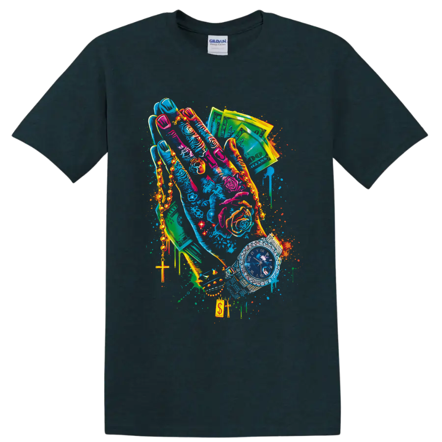 Colorful urban collage of high-top sneakers, cash, chains, roses, cross pendant, and watch on a Midnight (Green) T Shirt