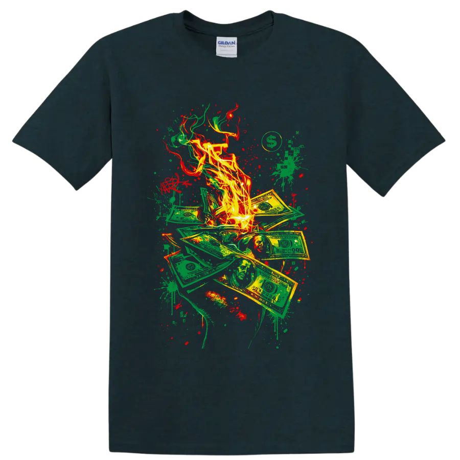 Burning dollar bills with flames and red-green graffiti paint splatters on a Midnight (Green) T Shirt