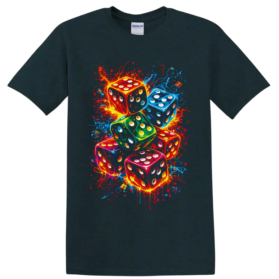 Colorful stacked dice in neon graffiti style with glowing pips and paint splatters on a Midnight (Green) T Shirt