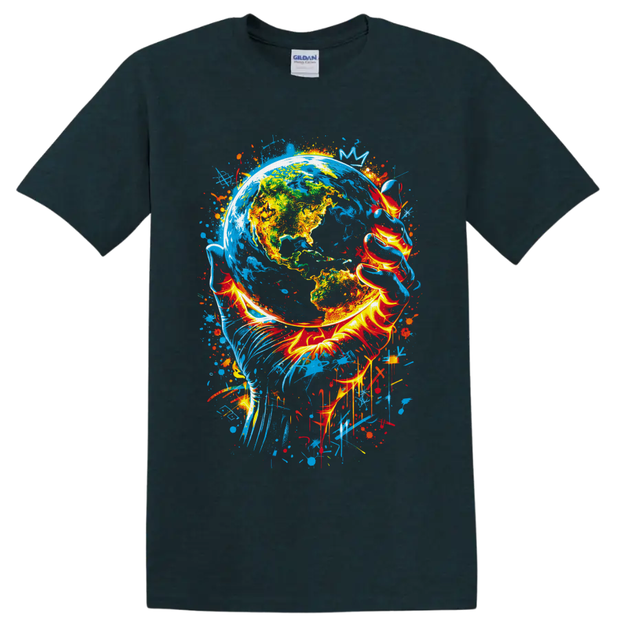 Colorful Earth globe graffiti art with fiery ribbons, blue paint splashes, and drips on a Midnight (Green) T Shirt
