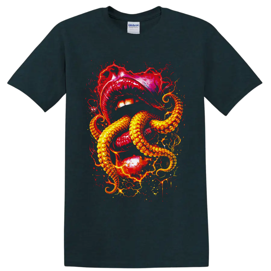 Surreal crimson lips with golden octopus tentacles in gothic splatter art on a Midnight (Green) T Shirt