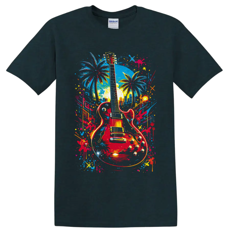 Red electric guitar with palm trees, skyline, and colorful graffiti paint splashes on a Midnight (Green) T Shirt