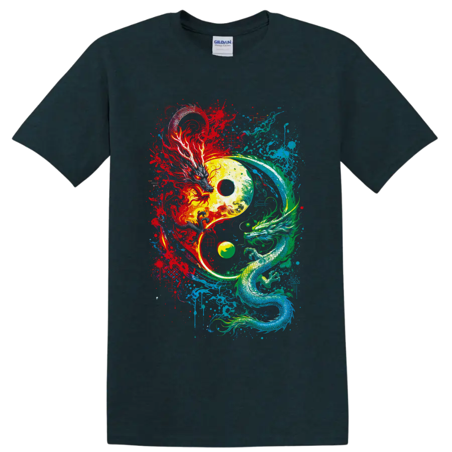 Yin yang with red phoenix and teal dragon in vibrant splatter art on a Midnight (Green) T Shirt