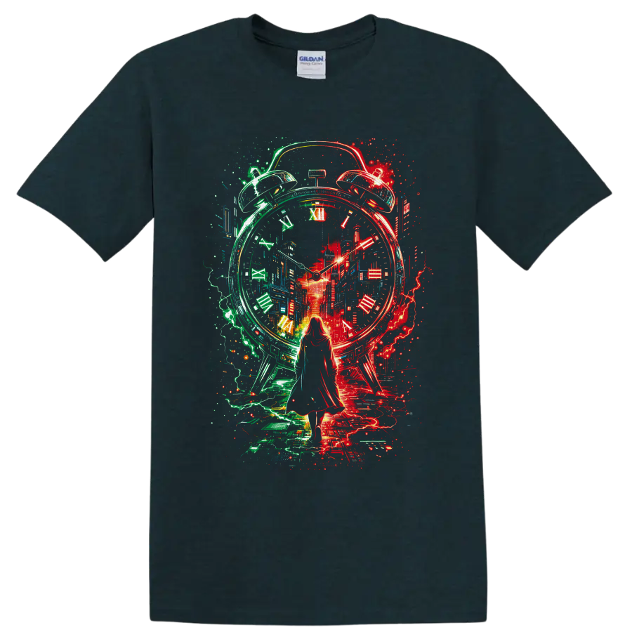Surreal neon alarm clock and futuristic city with a woman silhouette on a Midnight (Green) T Shirt