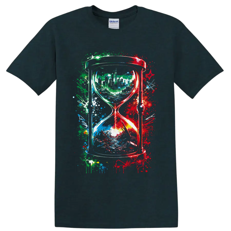 Abstract hourglass with city skyline, flowing landscape, and colorful paint splatters on a Midnight (Green) T Shirt