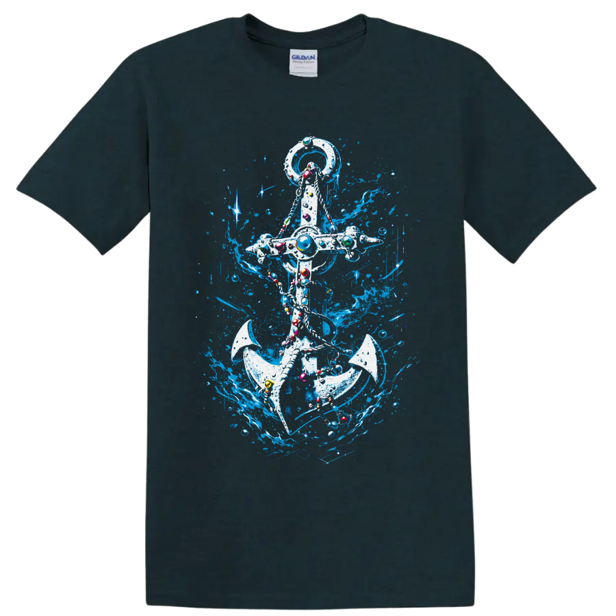 Ornate nautical anchor with electric-blue ocean splashes, bubbles, and colorful accents on a Midnight (Green) T Shirt