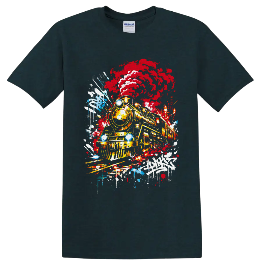 Steam locomotive with red smoke in vivid graffiti-style railroad artwork on a Midnight (Green) T Shirt