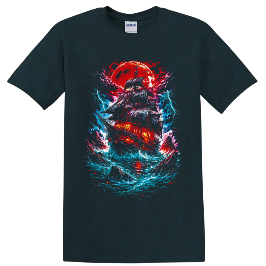 Gothic fantasy pirate ship in storm waves beneath a crimson moon and lightning on a Midnight (Green) T Shirt