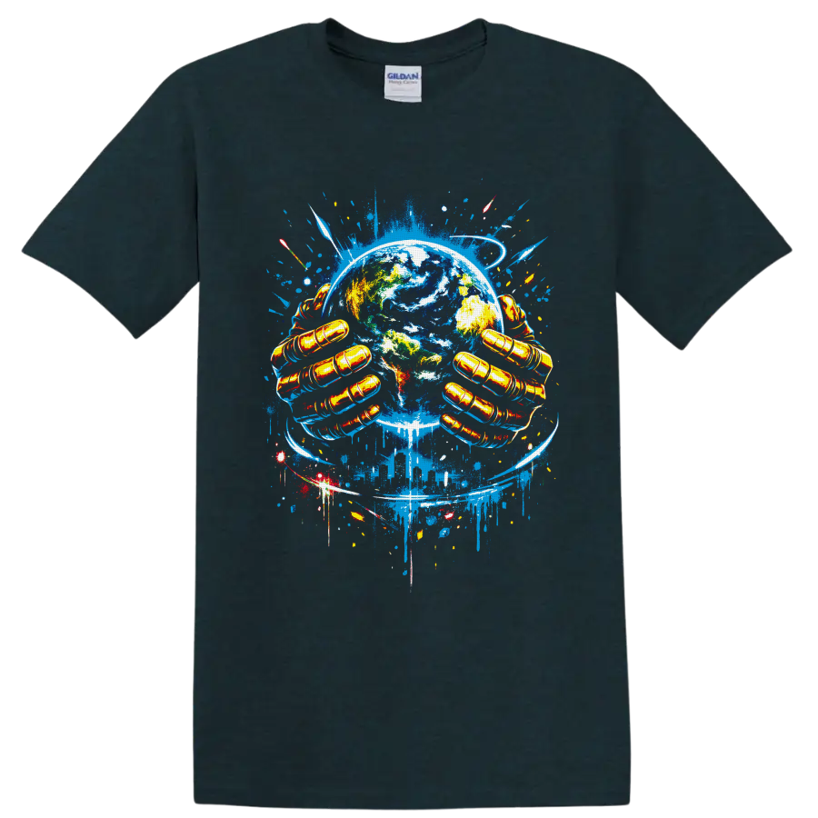 Graffiti-style Earth artwork with golden gloved hands, rockets, and blue orbit trails on a Midnight (Green) T Shirt
