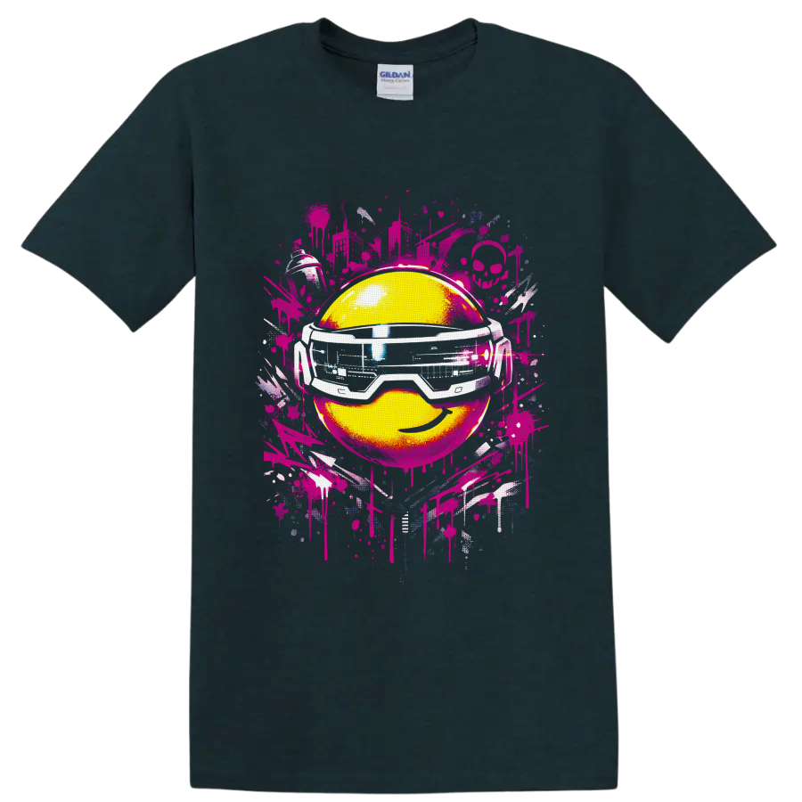Yellow smiley face in futuristic goggles with pink graffiti splatters on a Midnight (Green) T Shirt