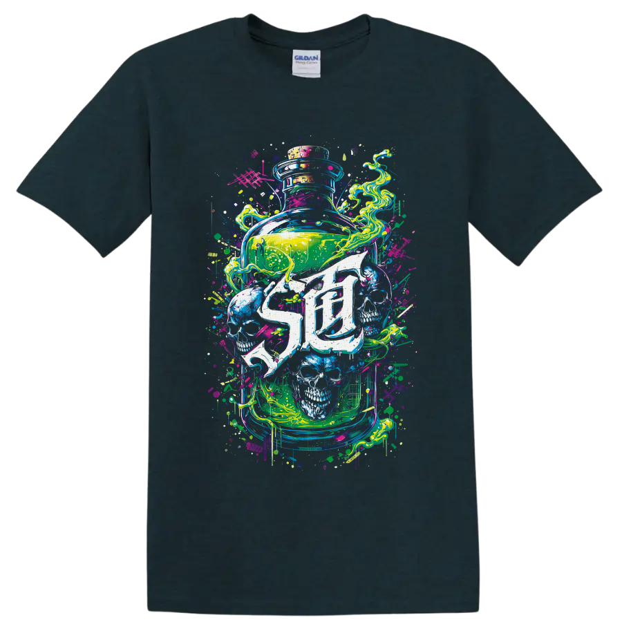 Neon graffiti glass jar with skulls, swirling smoke, splatters, and drips on a Midnight (Green) T Shirt