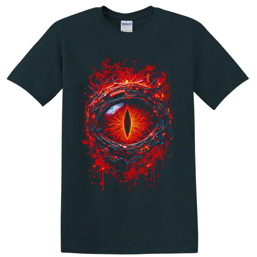 Fiery dragon eye with yellow slit pupil, red splatters, and blue abstract arcs on a Midnight (Green) T Shirt
