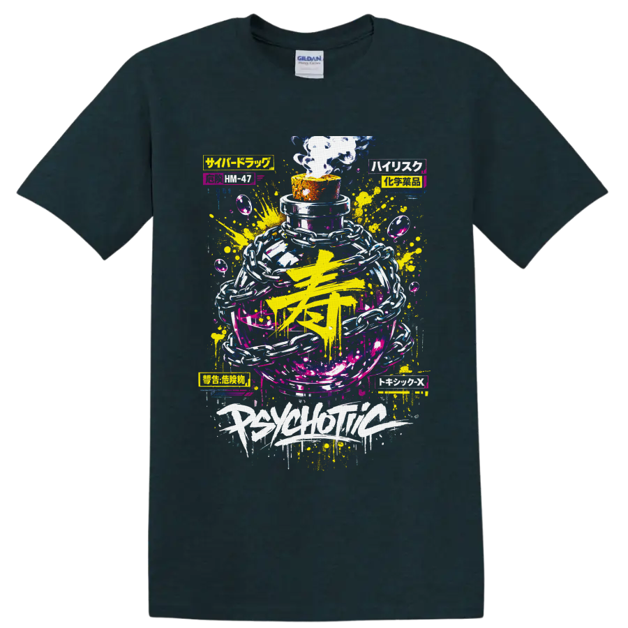 Psychedelic smoke bottle with chains, neon paint splashes, and graffiti-style lettering on a Midnight (Green) T Shirt