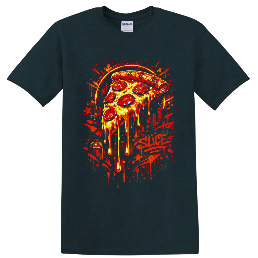 Dripping pepperoni pizza slice in fiery graffiti street art style on a Midnight (Green) T Shirt