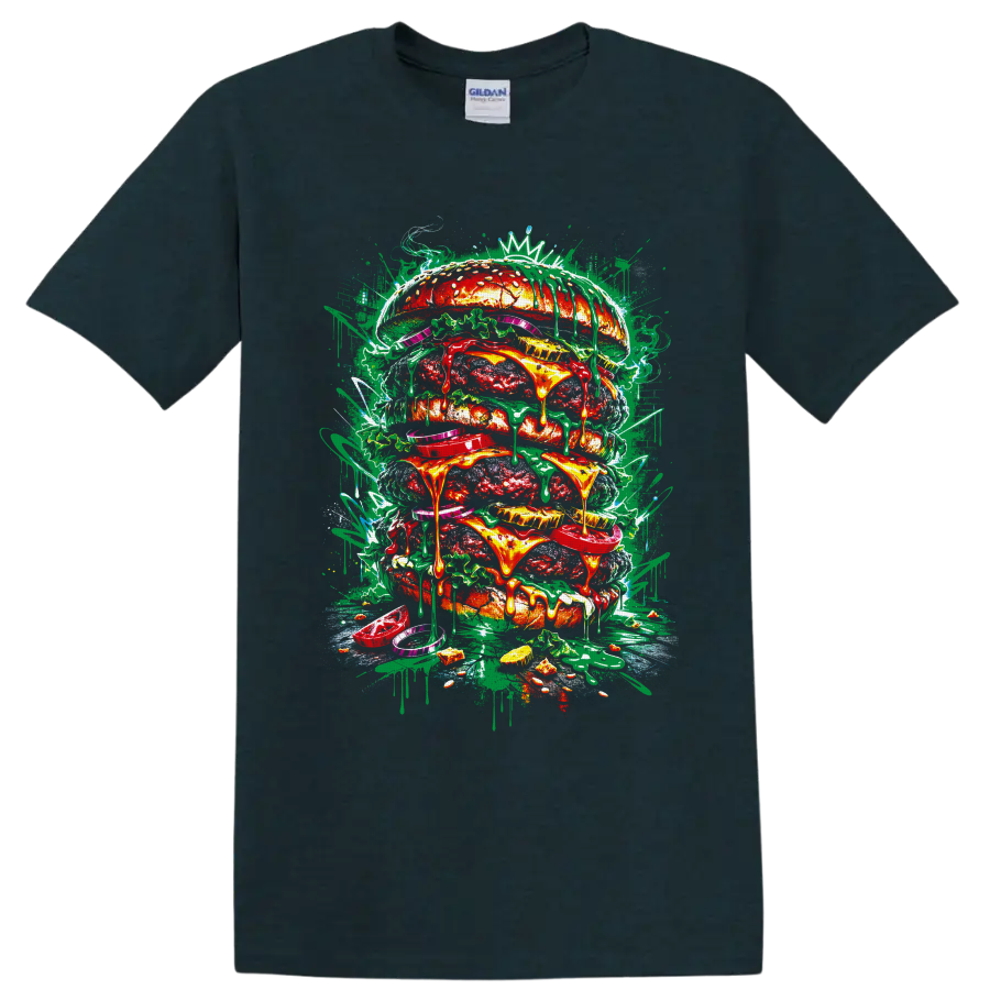 Graffiti-style giant stacked burger with dripping cheese, toppings, paint splatters, and on a Midnight (Green) T Shirt
