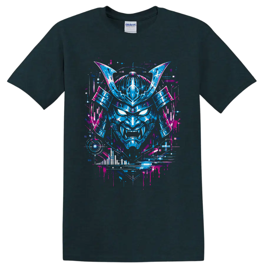 Neon cyberpunk oni mask with samurai armor, horns, fangs, and glitch-art details on a Midnight (Green) T Shirt