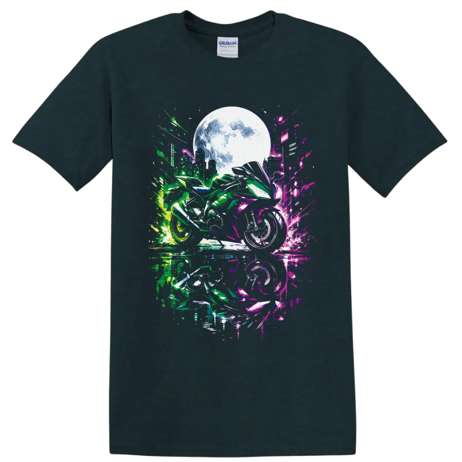 Cyberpunk sport motorcycle with neon city skyline, glowing moon, and reflective street art on a Midnight (Green) T Shirt