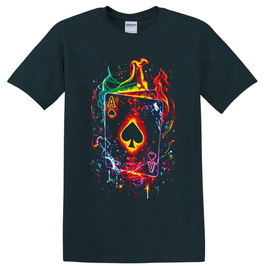 Ace of spades playing cards with flames, paint splashes, and graffiti-style art on a Midnight (Green) T Shirt