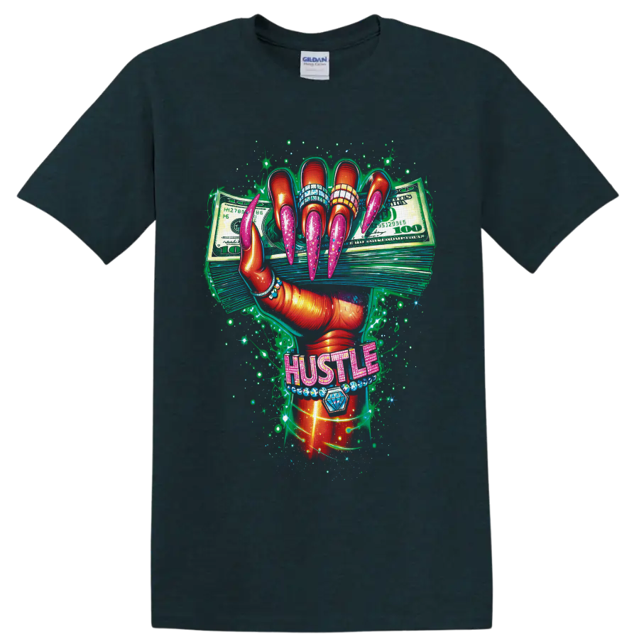 Glam manicured hand with pink nails, cash stacks, jeweled HUSTLE lettering, and sparkles on a Midnight (Green) T Shirt