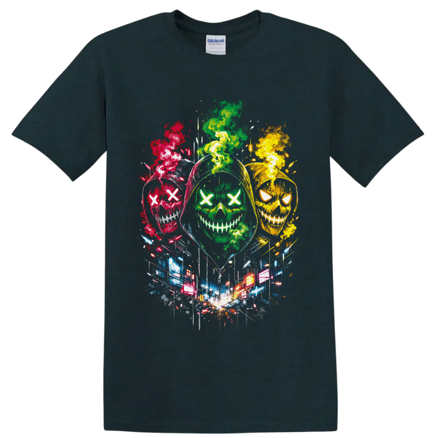 Three neon X-eyed skulls with colorful smoke and glowing city street art on a Midnight (Green) T Shirt