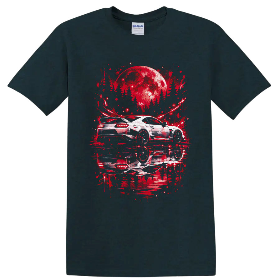 White sports car beneath a crimson moon in red graffiti-style night artwork on a Midnight (Green) T Shirt