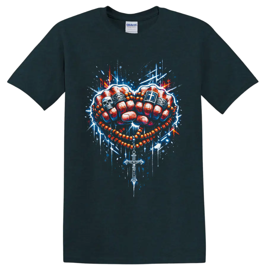Red boxing gloves with rosary beads, cross, skull, and blue graffiti splashes on a Midnight (Green) T Shirt