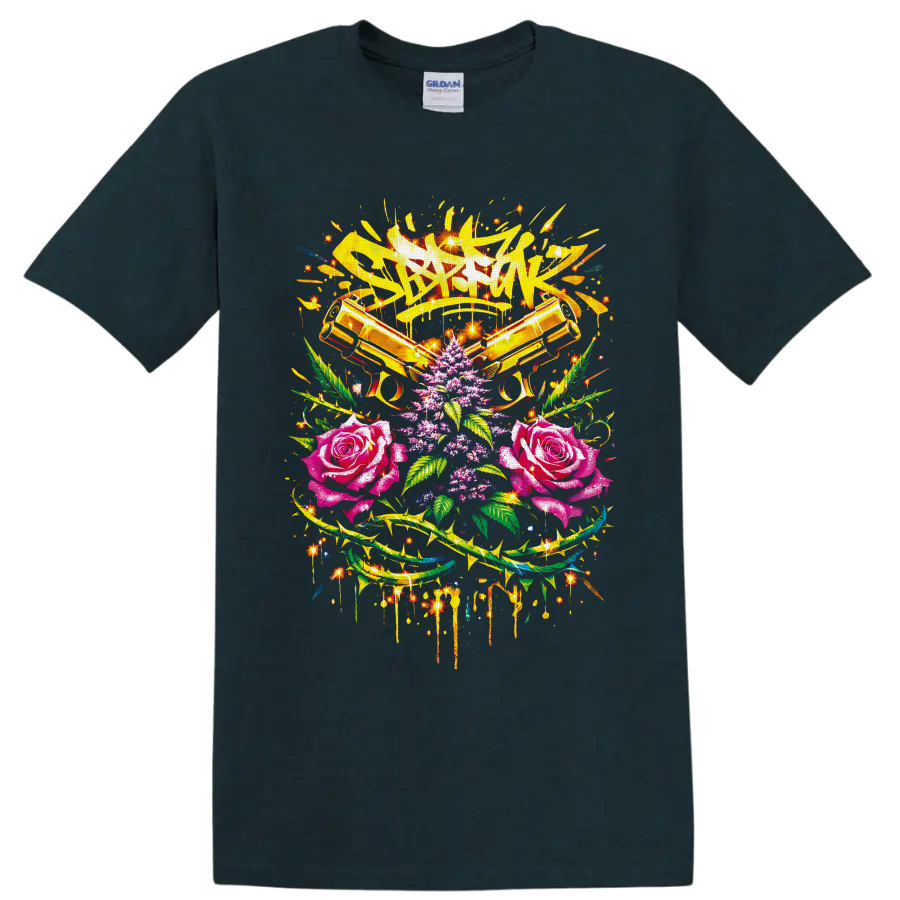 Bang Bang graffiti art with crossed golden pistols, roses, cannabis leaves, and sparks on a Midnight (Green) T Shirt