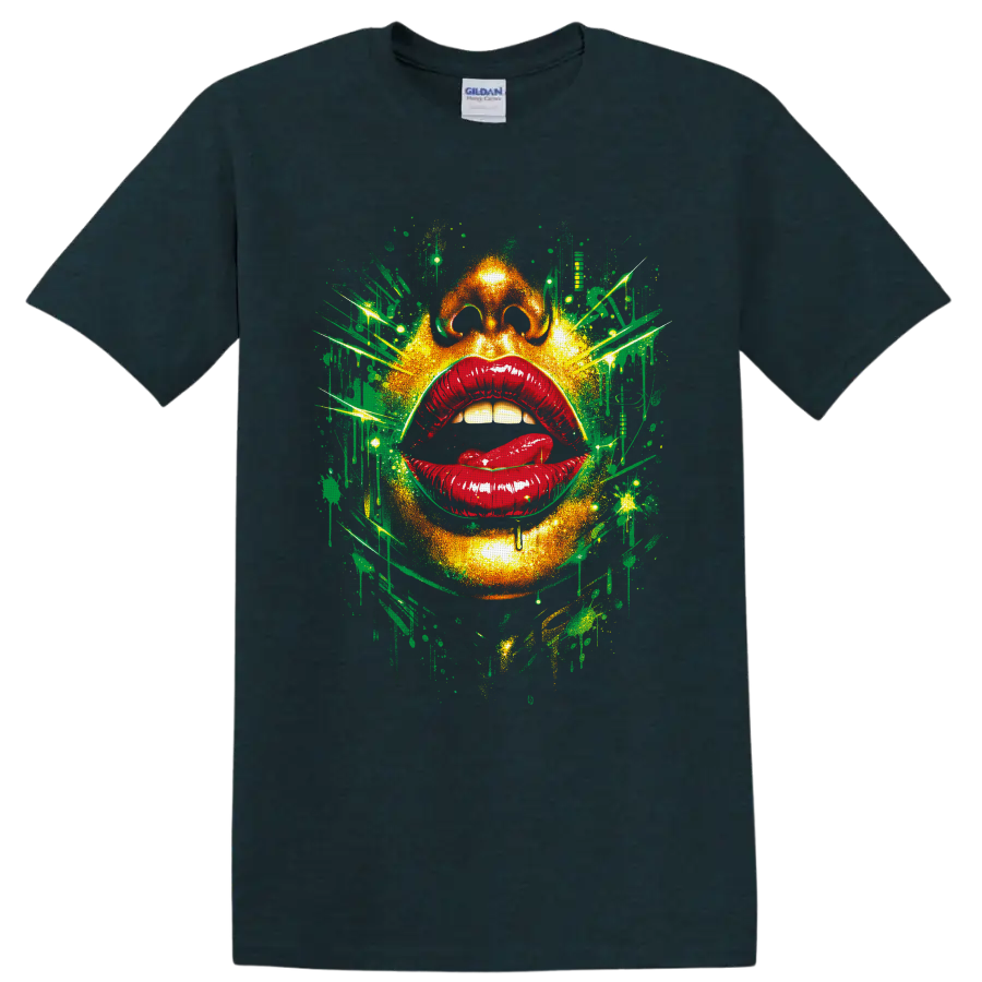 Abstract face with glossy red lips and neon green graffiti splatter art on a Midnight (Green) T Shirt