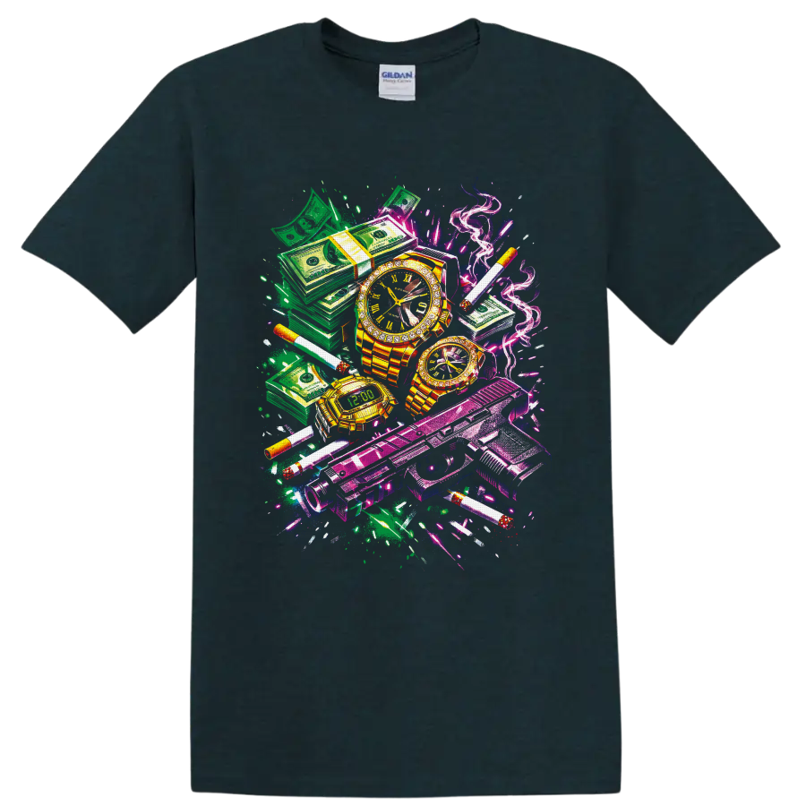 Neon graffiti collage of cash stacks, gold watches, handguns, cigarettes, and smoke on a Midnight (Green) T Shirt