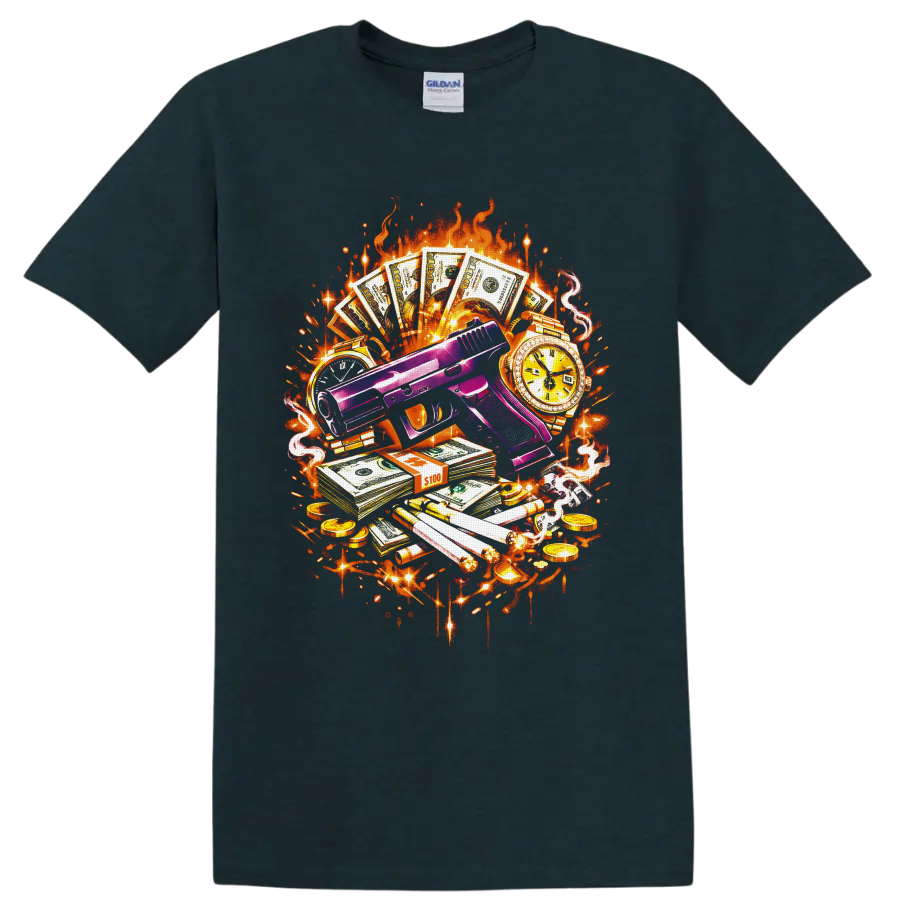 Purple handgun with cash, gold watches, cigars, coins, flames, smoke, and graffiti on a Midnight (Green) T Shirt