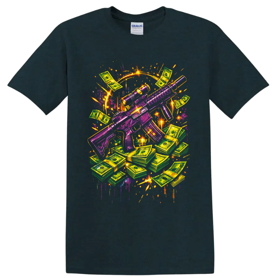 Neon purple tactical rifle with cash stacks in vibrant graffiti art on a Midnight (Green) T Shirt