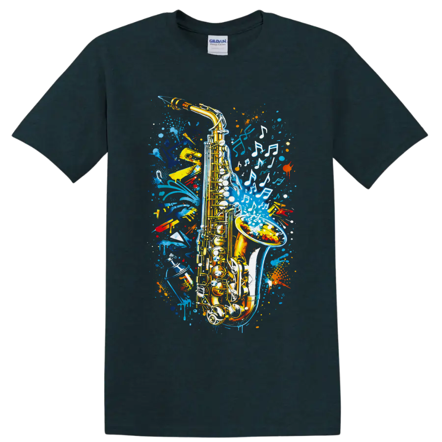 Golden saxophone with white musical notes and colorful graffiti paint splashes on a Midnight (Green) T Shirt