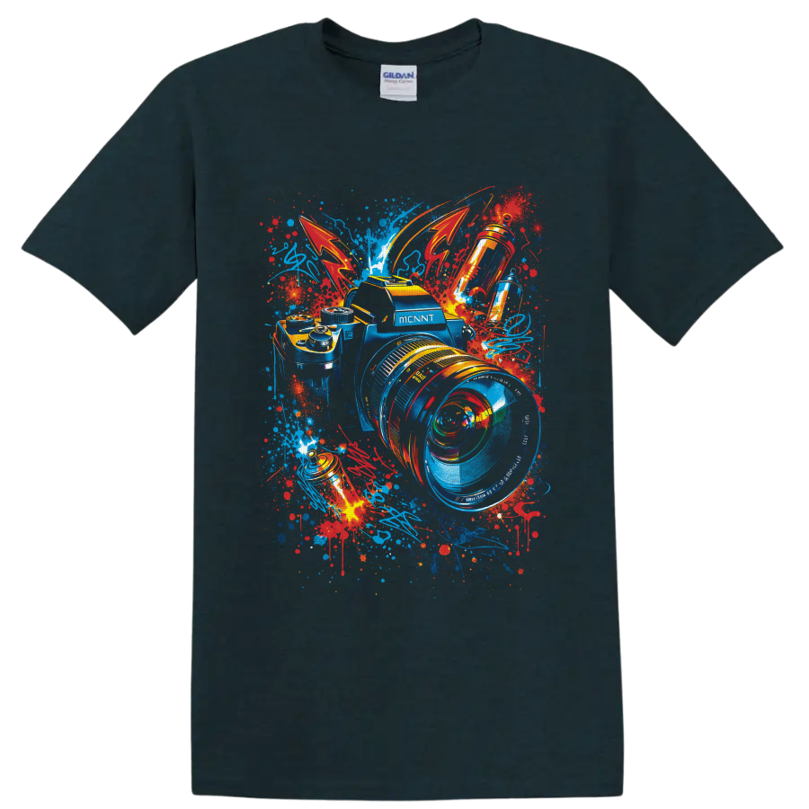Graffiti-style camera with oversized lens, vivid paint splatters, and abstract strokes on a Midnight (Green) T Shirt