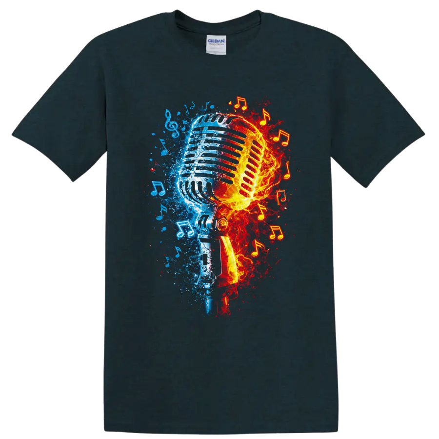Fire and ice vintage microphone graphic with blue splashes, flames, and music notes on a Midnight (Green) T Shirt