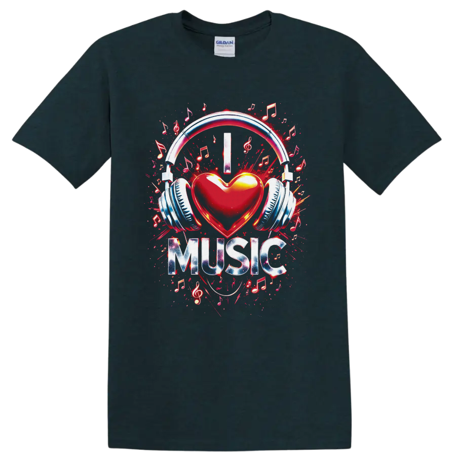 Red heart with headphones, musical notes, treble clefs, and MUSIC graffiti graphic on a Midnight (Green) T Shirt