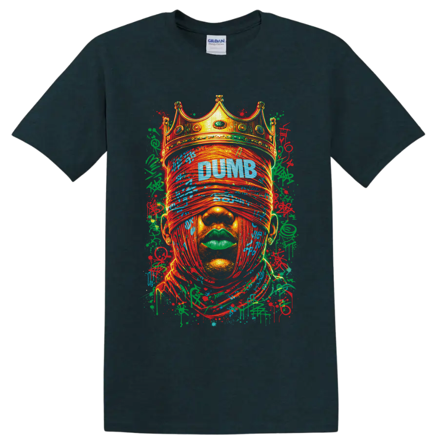 Crowned blindfolded face graffiti portrait with DUMB text and paint splatters on a Midnight (Green) T Shirt