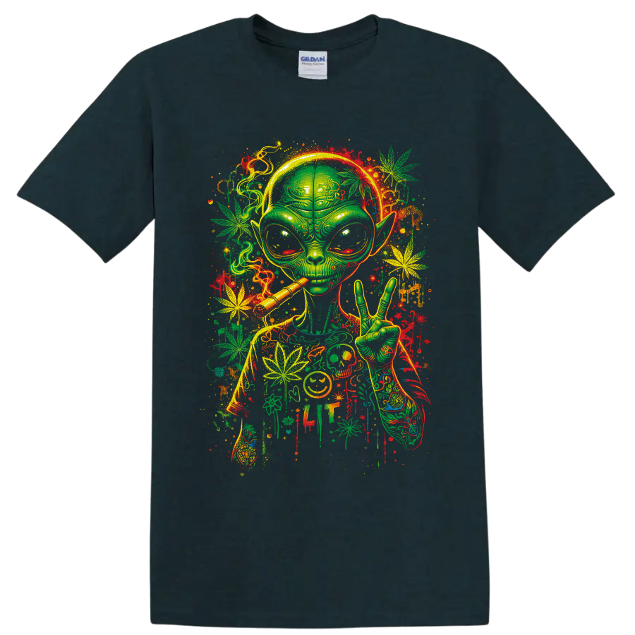 Psychedelic green alien smoking with peace sign, cannabis leaves, and neon paint splatters on a Midnight (Green) T Shirt