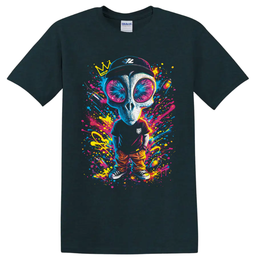Crowned alien in oversized sunglasses with neon graffiti paint splatters on a Midnight (Green) T Shirt