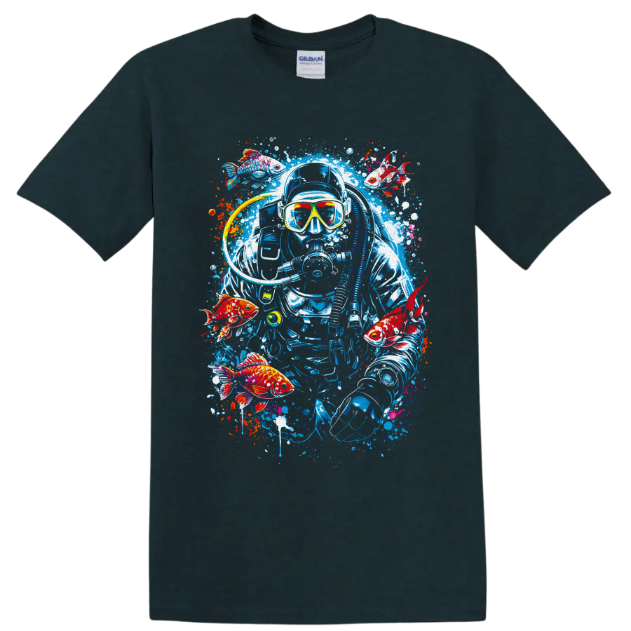 Graffiti-style scuba diver with goldfish, bubbles, and colorful ocean paint splashes on a Midnight (Green) T Shirt