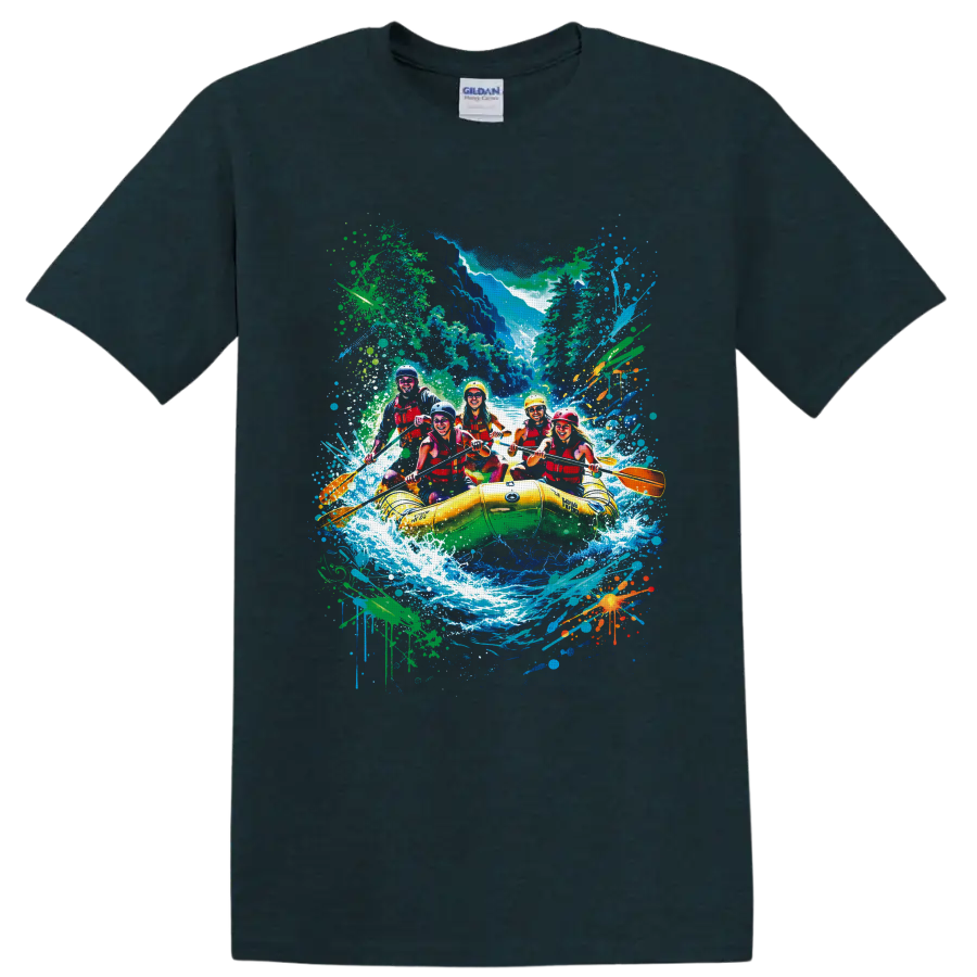 Colorful whitewater rafting crew in yellow raft with canyon rapids and paint splatters on a Midnight (Green) T Shirt