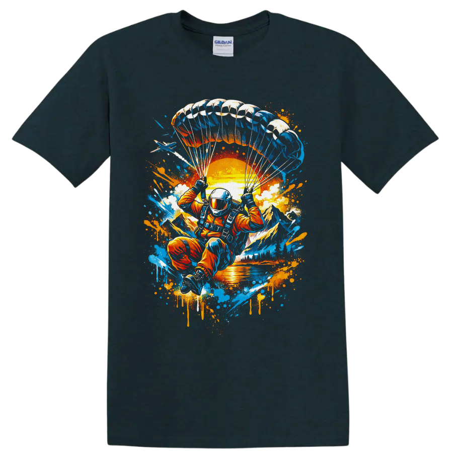 Skydiver under parachute over sunset mountains in vibrant graffiti splatter art on a Midnight (Green) T Shirt