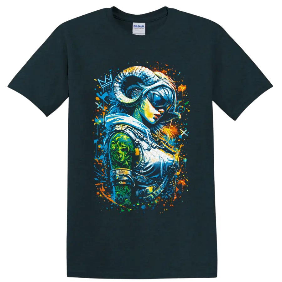 Neon graffiti woman astronaut portrait with a reflective visor and cosmic paint splatters on a Midnight (Green) T Shirt