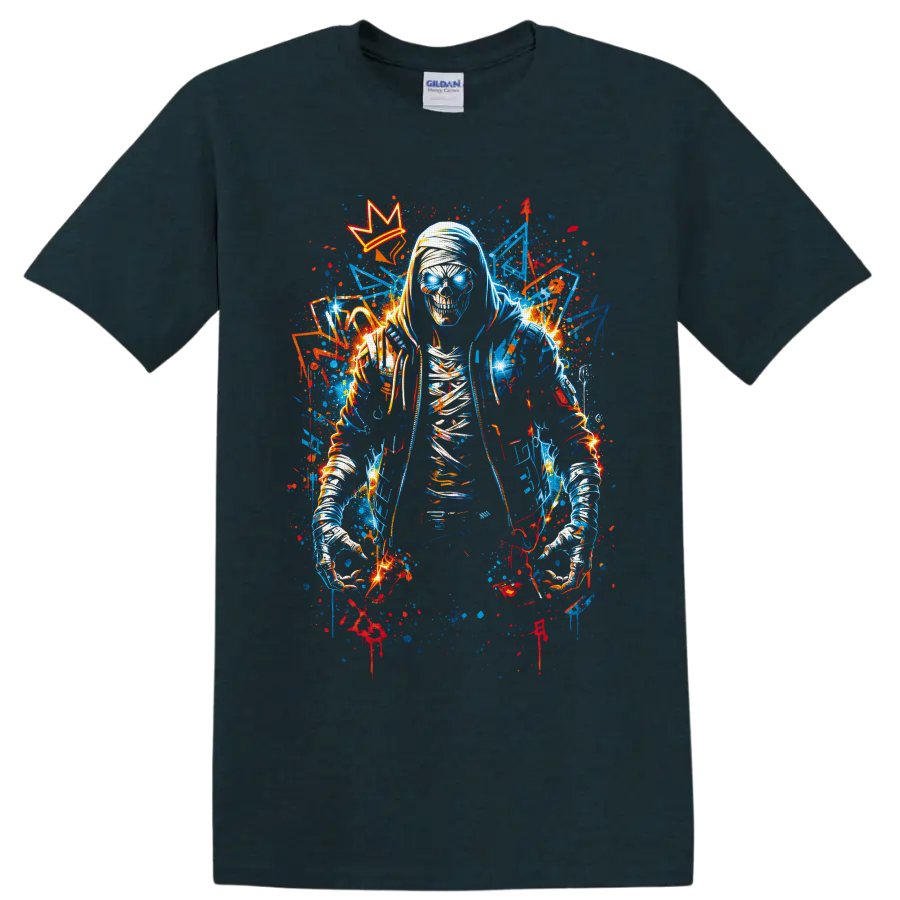 Hooded skeleton with glowing blue eyes, crown, and neon graffiti splatters on a Midnight (Green) T Shirt