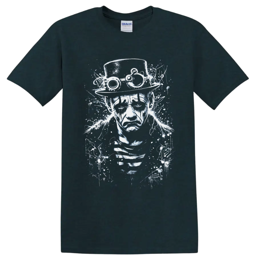 Steampunk gothic portrait with top hat goggles and distressed industrial linework on a Midnight (Green) T Shirt