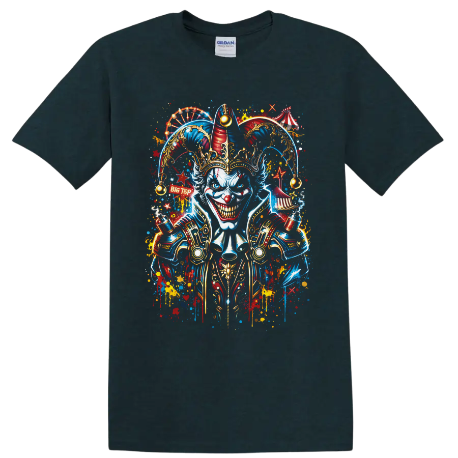 Sinister crowned jester clown with Big Top circus tents in vibrant graffiti style on a Midnight (Green) T Shirt